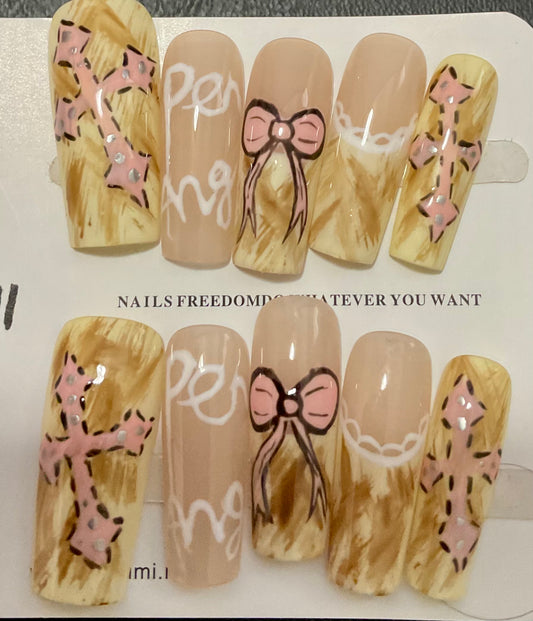 Golden & Pink Bow Press On Nails