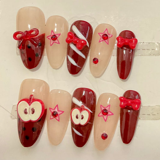 Seasonal Apple & Stripe Press On Nails