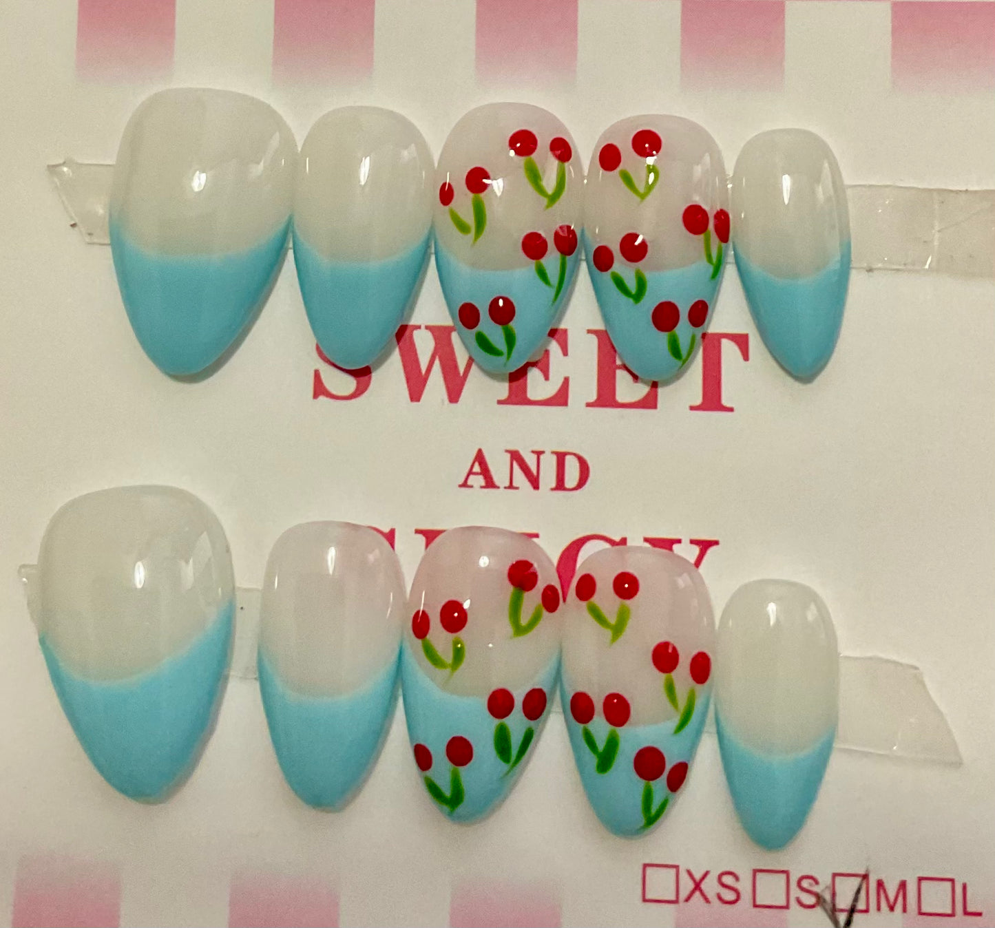 Cherry Blossom & Blue Press On Nails