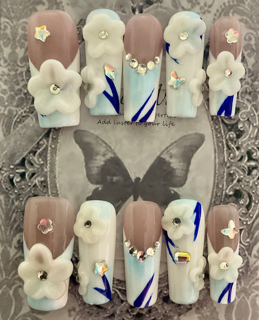 3D White Flower & Blue Press On Nails