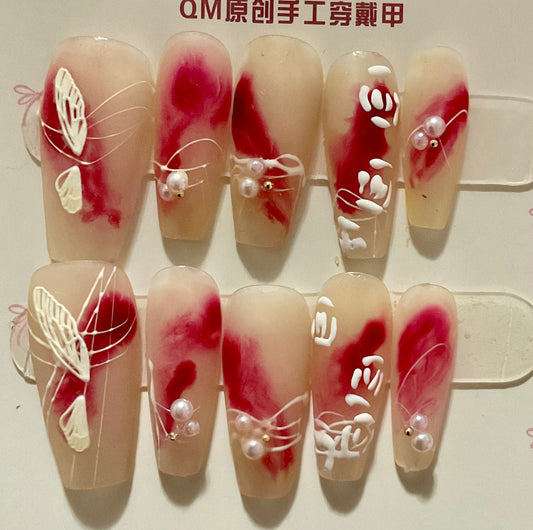 Gradient Red Floral Press On Nails