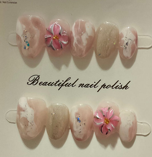 Pink Marble Floral Press On Nails