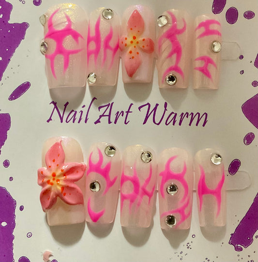 Hot Pink Flame & Blossom Press On Nails