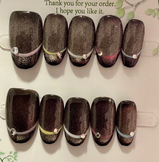 Glossy Charcoal Rhinestones Press On Nails