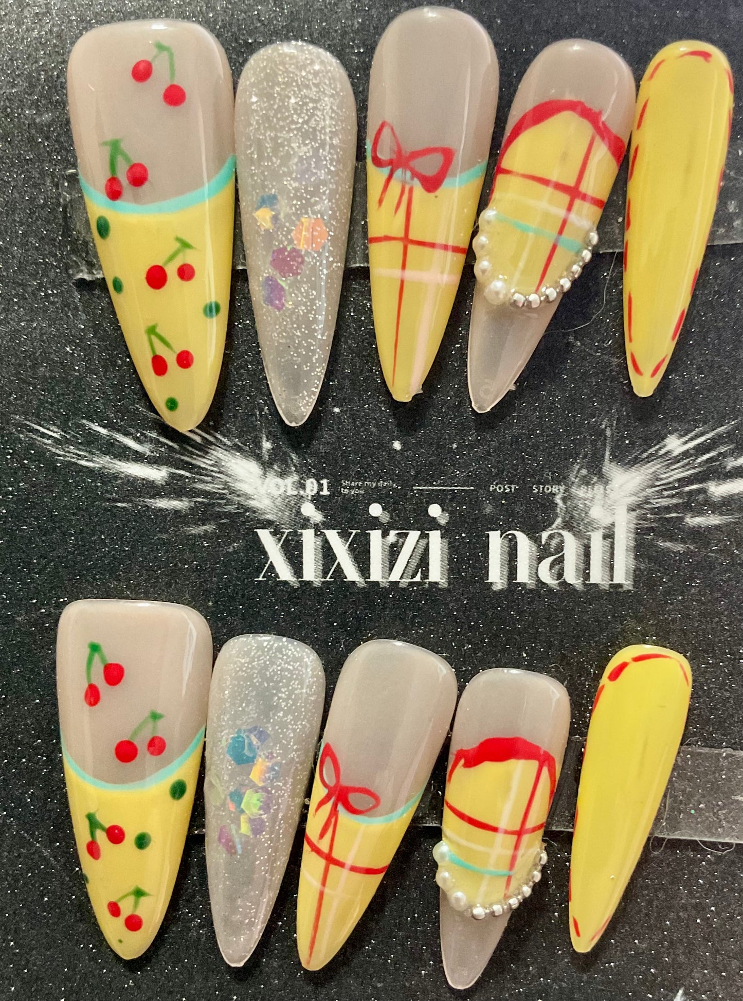 Festive Cherry & Ribbon Press On Nails