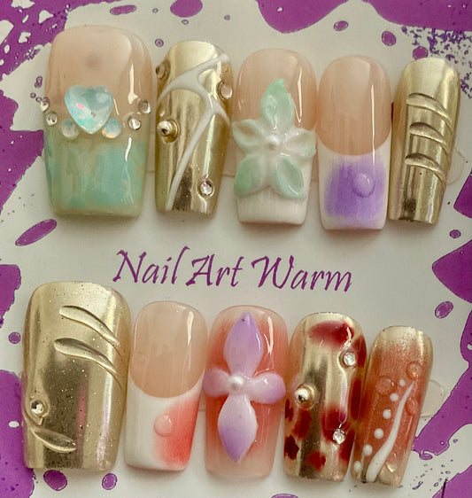 Gold Stripe & Flower Press On Nails