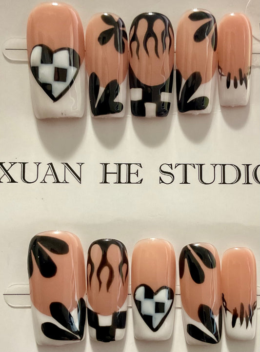 Gothic Checkerboard Heart Press On Nails