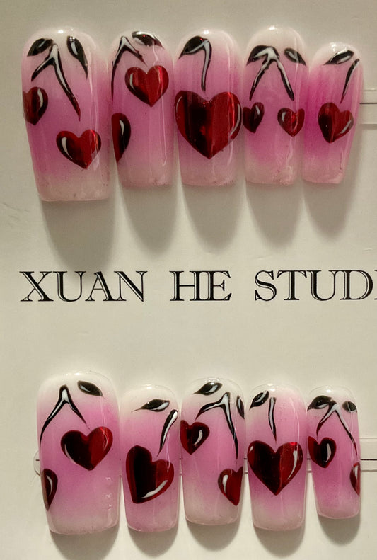 Reflective Red Heart Press On Nails