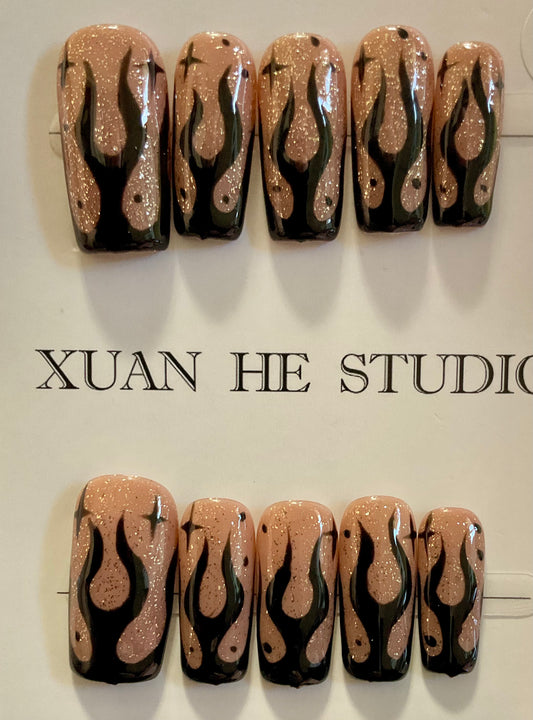 Black Flame Glitter Press On Nails