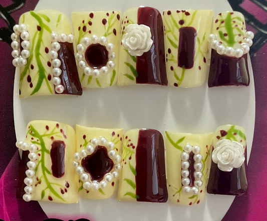 Burgundy Blossom Pearl Press On Nails