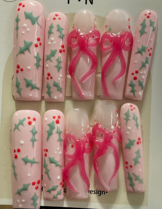 Pink Christmas Bow Press On Nails