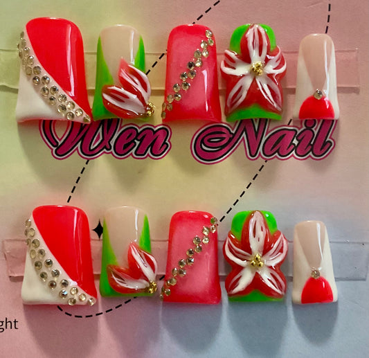 Festive Floral Rhinestone Press On Nails