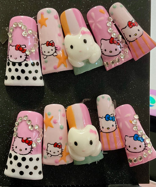 Cute Kitty Star & Polka Dot Press On Nails