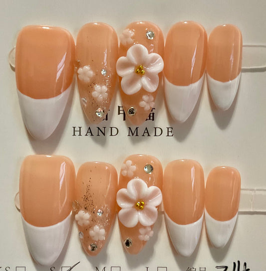 White Tip Floral Press On Nails