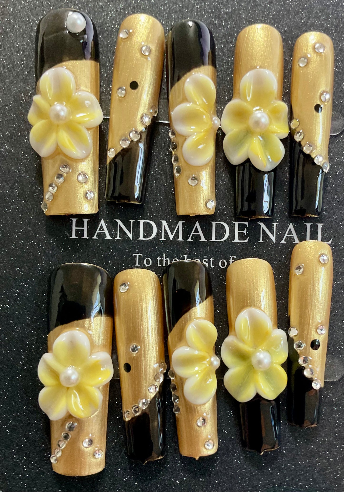 Black & Gold 3D Flower Press On Nails