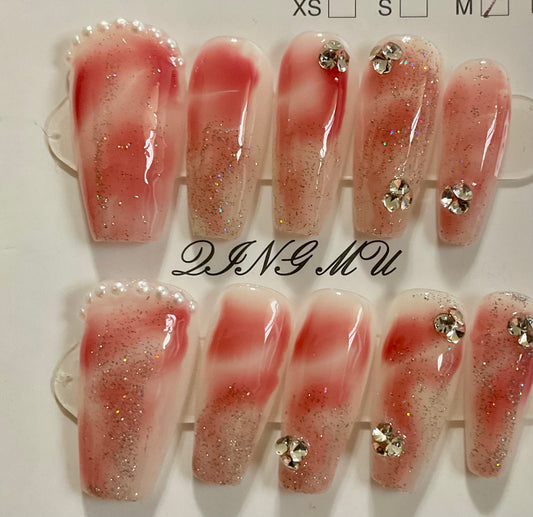 Pink Marble Glitter Press On Nails