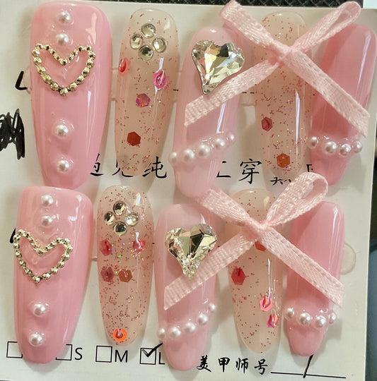 Pink Pearl & Rhinestone Press On Nails