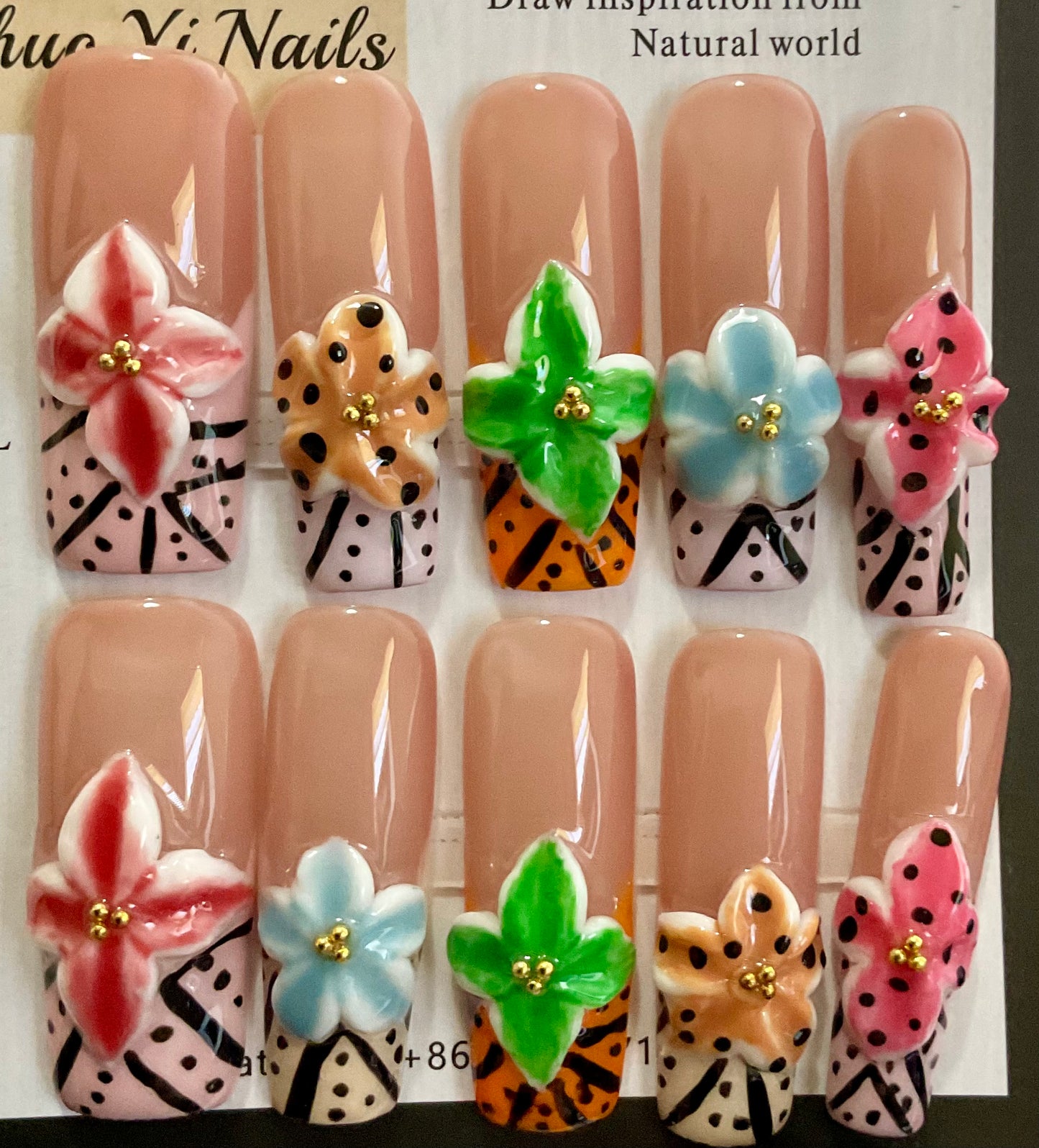 Vibrant Flower & Stripe Press On Nails