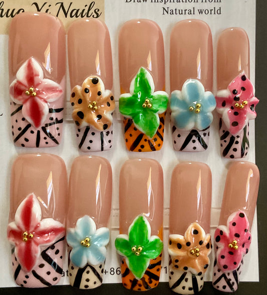 Vibrant Flower & Stripe Press On Nails