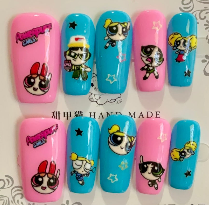 Pink & Blue Powerpuff Girls Press On Nails