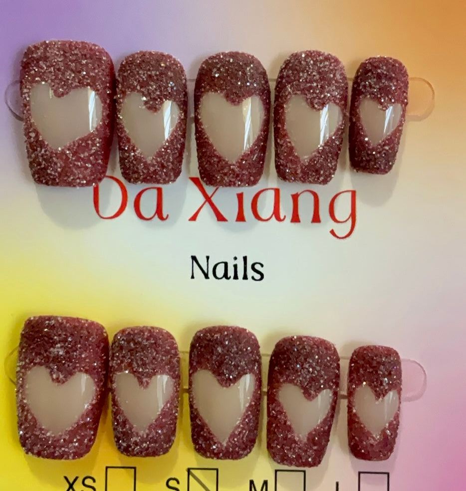 Burgundy Glitter Heart Press On Nails