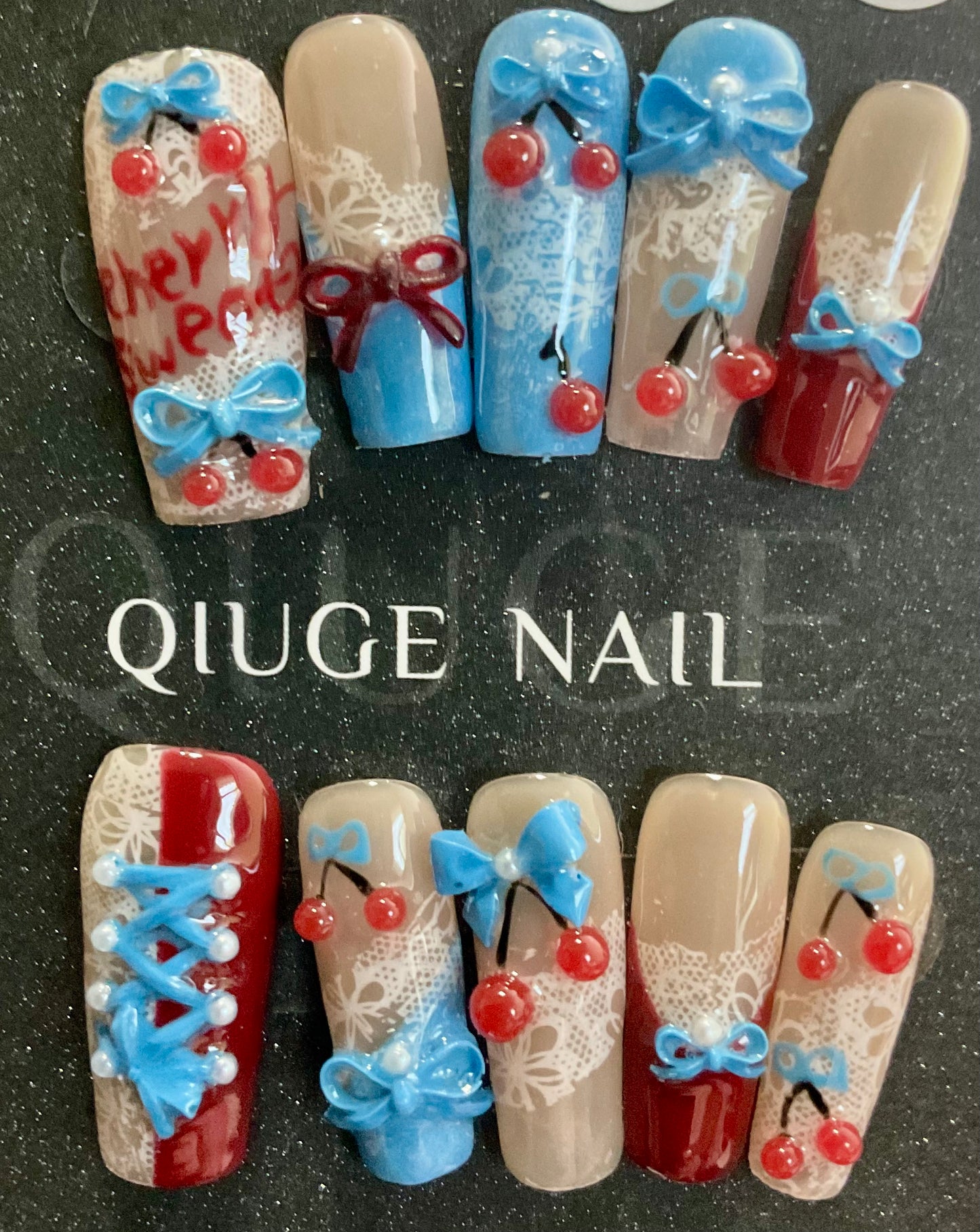 Cherry Lace Bow Press On Nails