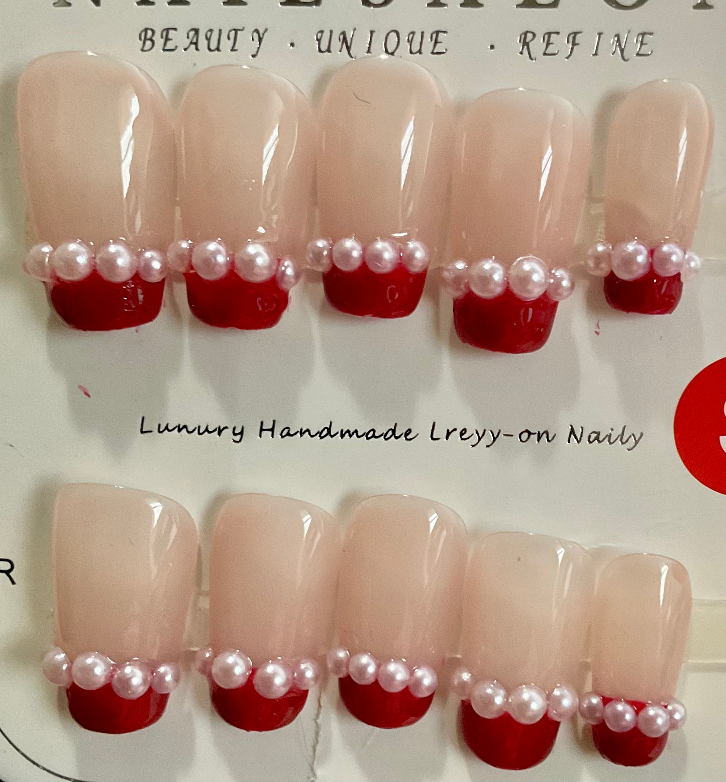 Pearl-Trimmed Red French Tips Press On Nails