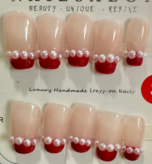 Pearl-Trimmed Red French Tips Press On Nails