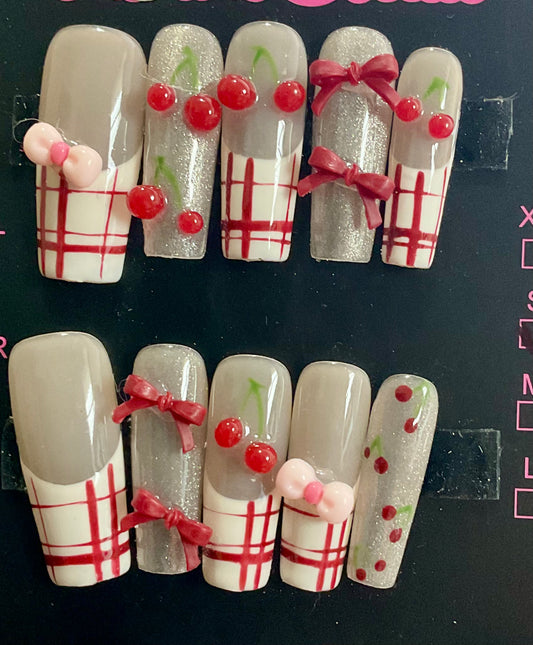 Cherry Plaid Press On Nails