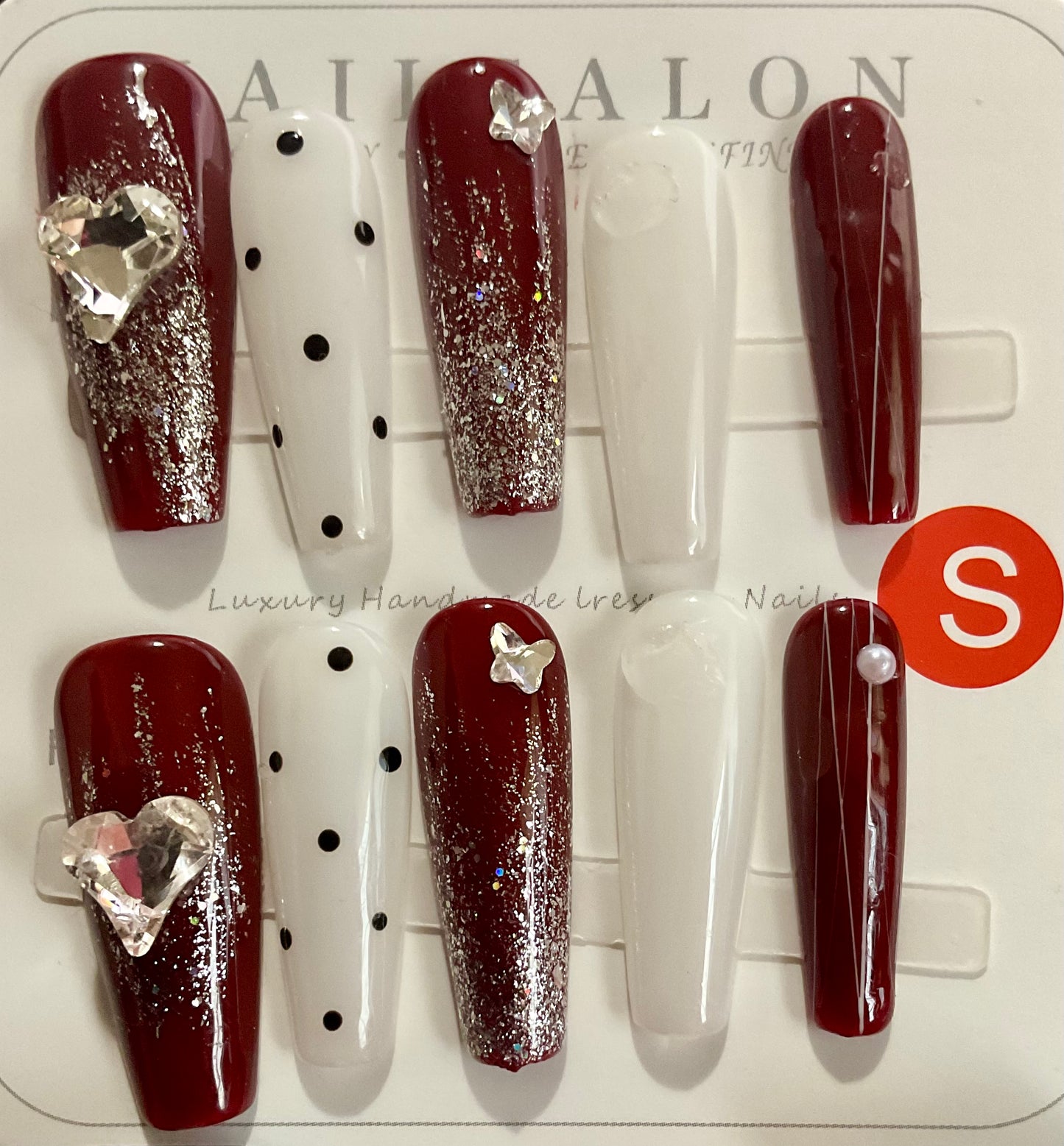 Burgundy & Sliver Glitter Press On Nails