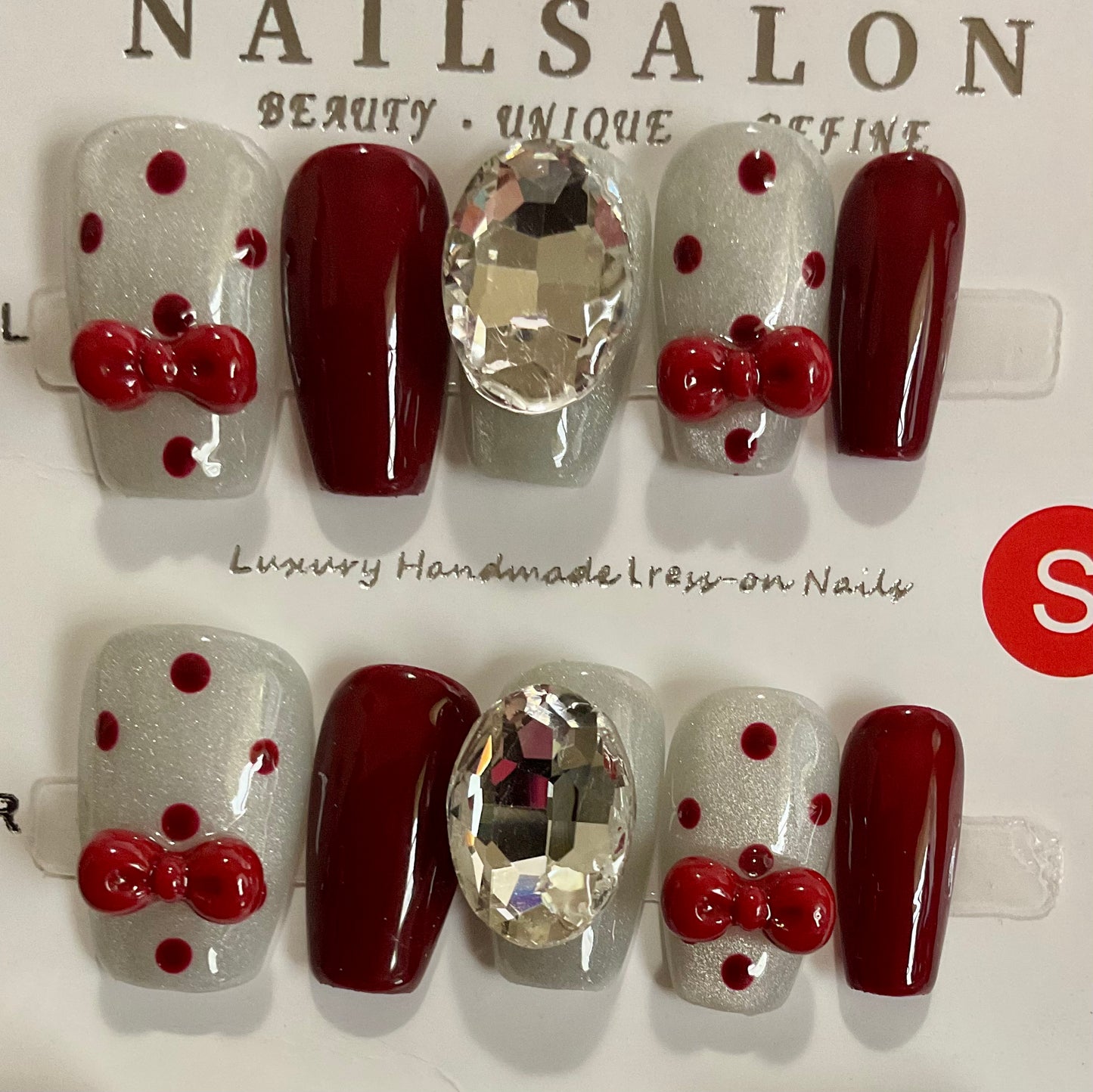 Red Bow & Rhinestone Press On Nails