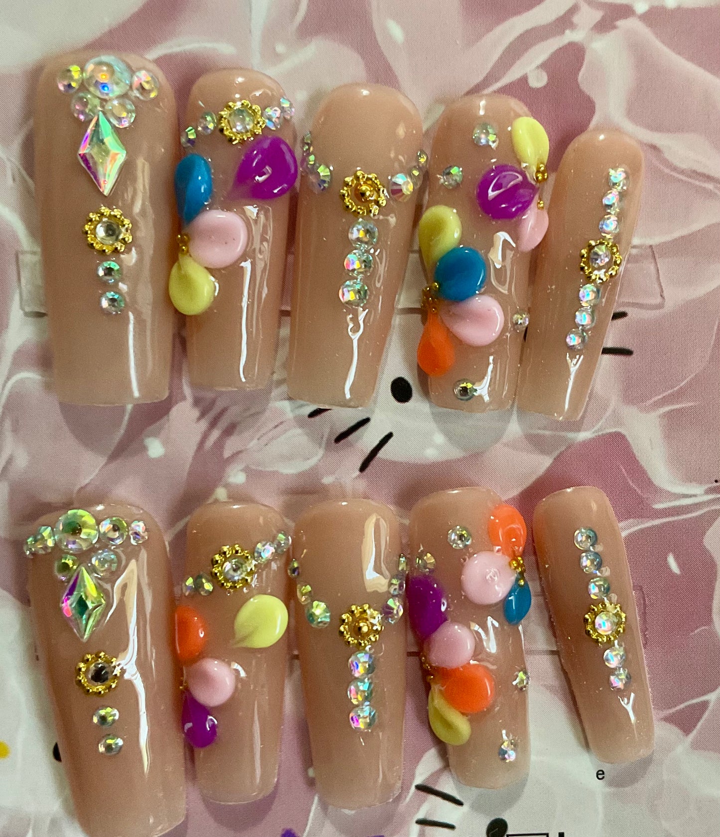 Sparkling Flowers & Colorful Rhinestones Press On Nails