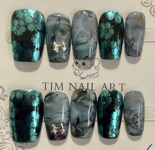 Midnight Marble Bloom Press On Nails